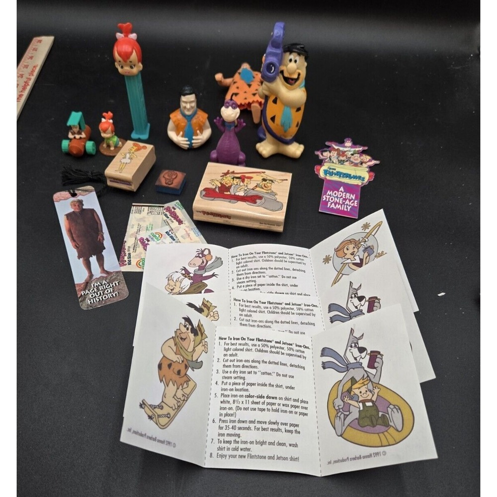 FLINTSTONES Lot of 18 items. Stamps. Bookmarks. Iron On. Figure. Pez